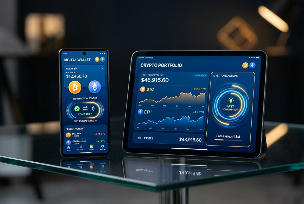 Close-up of digital payment methods including Bitcoin and e-wallets.